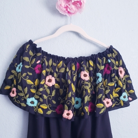 Judith March Black Floral Embroidered Off Shoulder Mini Dress - Picture 3 of 8